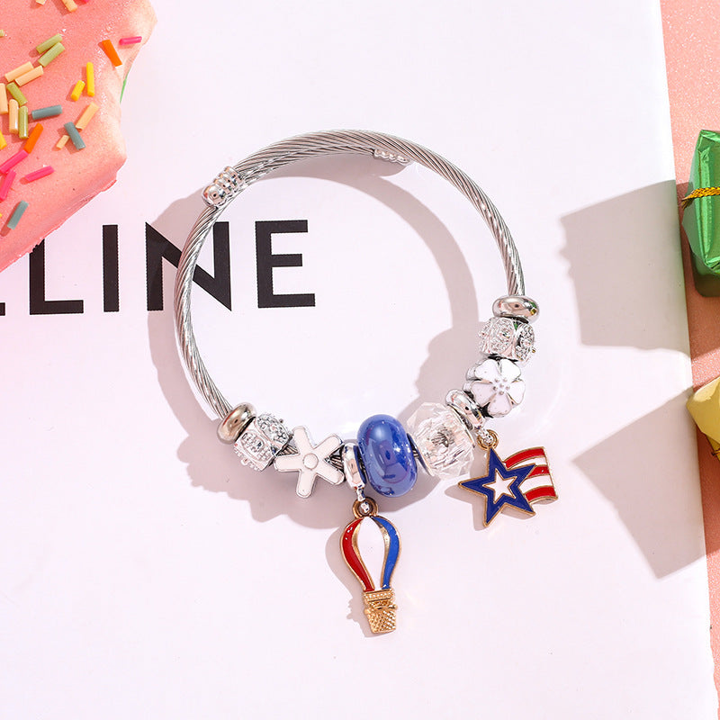 Wholesale American Flag Love Balloon Pendant Stainless Steel Beaded Bracelet