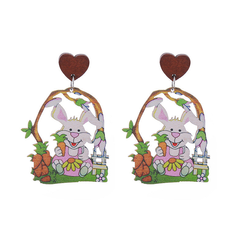 Wholesale Easter Bunny Flower Basket Printed Egg Wooden Earrings
