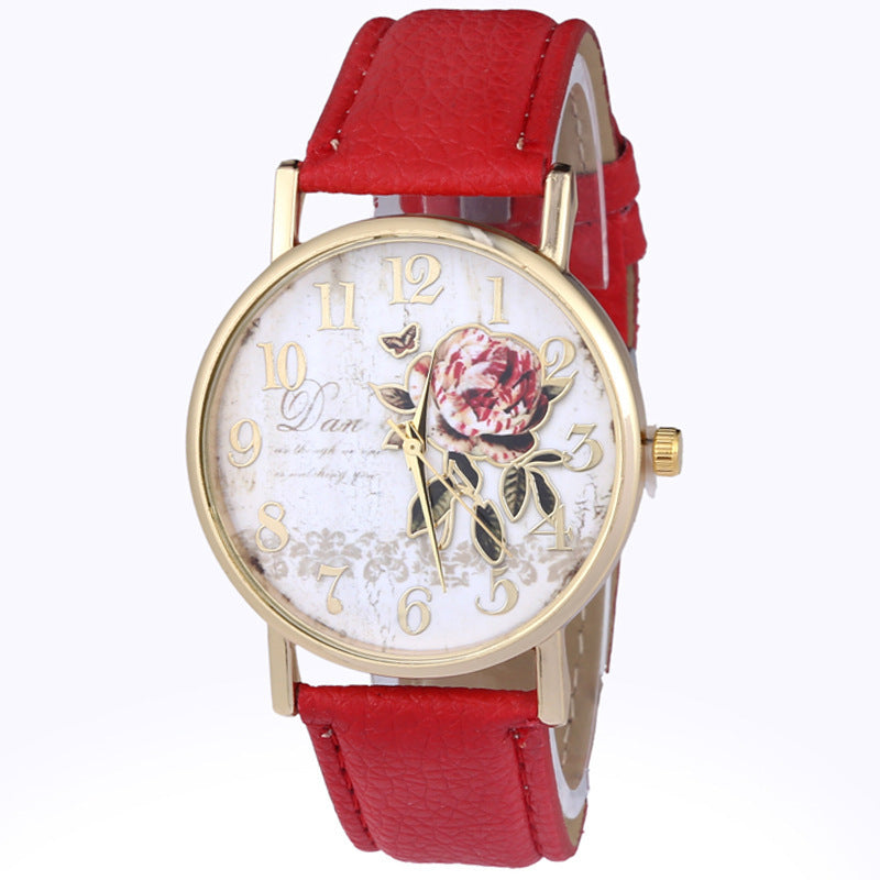 Wholesale Glass Mirror Imitation Leather Strap Rose Pattern Watch