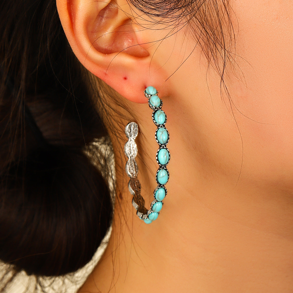 Wholesale Vintage Western Style Turquoise Large Circle C-Shaped Earrings