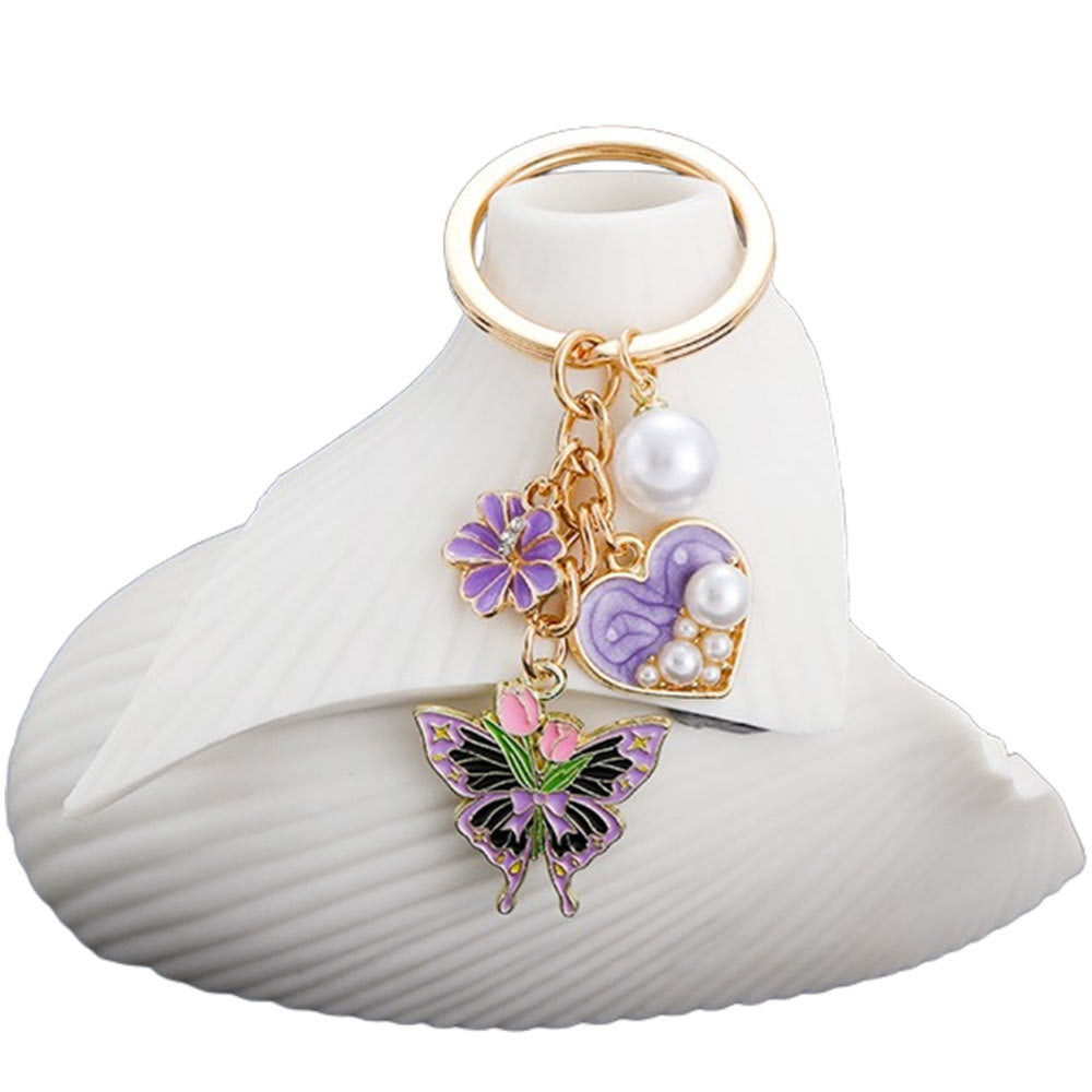 Wholesale New Product Oil Dropping Purple Love Pearl Simulation Tulip Flower Butterfly Keychain Jewelry Luggage Pendant