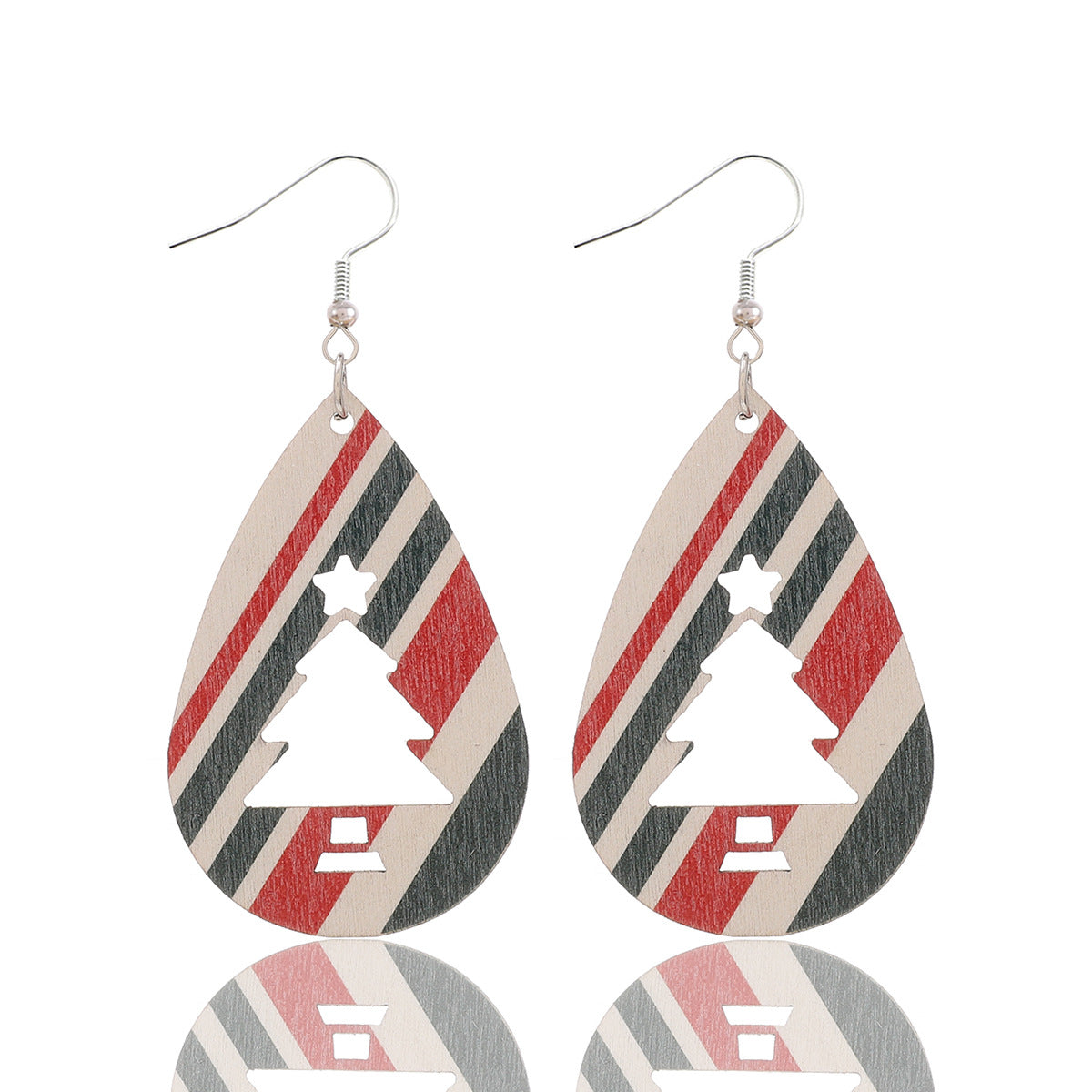 Wholesale Christmas Tree Water Drop Stripe Wooden Earrings