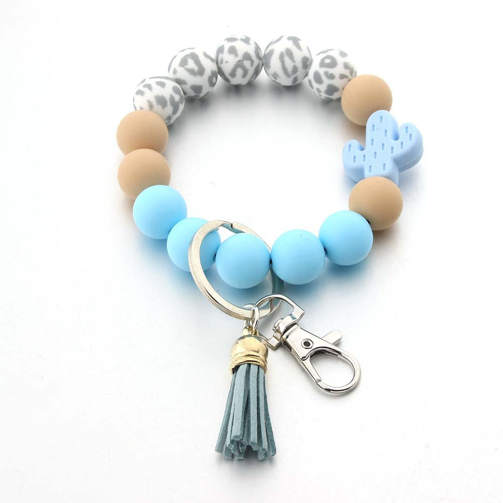 Wholesale Silicone Food Grade Wooden Beads Cartoon Tassel Wrist Keychain