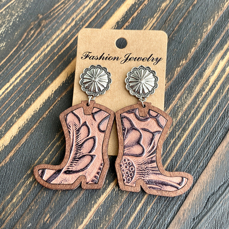 Wholesale Western style denim boots with leopard print inlaid wooden earrings