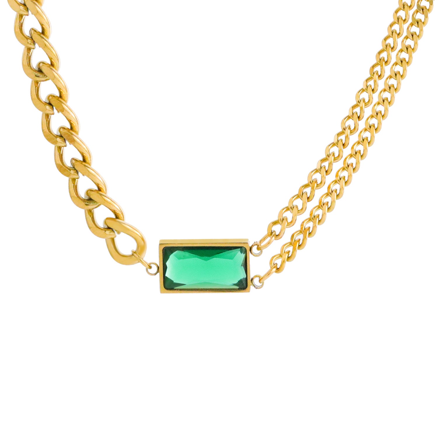 Wholesale Double Chain Stitching Inlaid Emerald Crystal Stainless Steel Necklace Sweater Chain