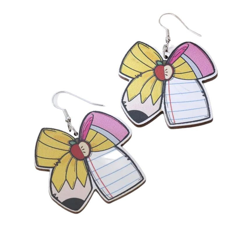 Wholesale Back to school graduation season bow pencil double-sided wooden earrings
