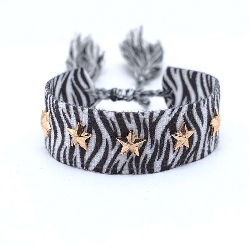 Wholesale Polyester Cord Weaving Leopard Print Love Letter Embroidery Tassel Bracelet
