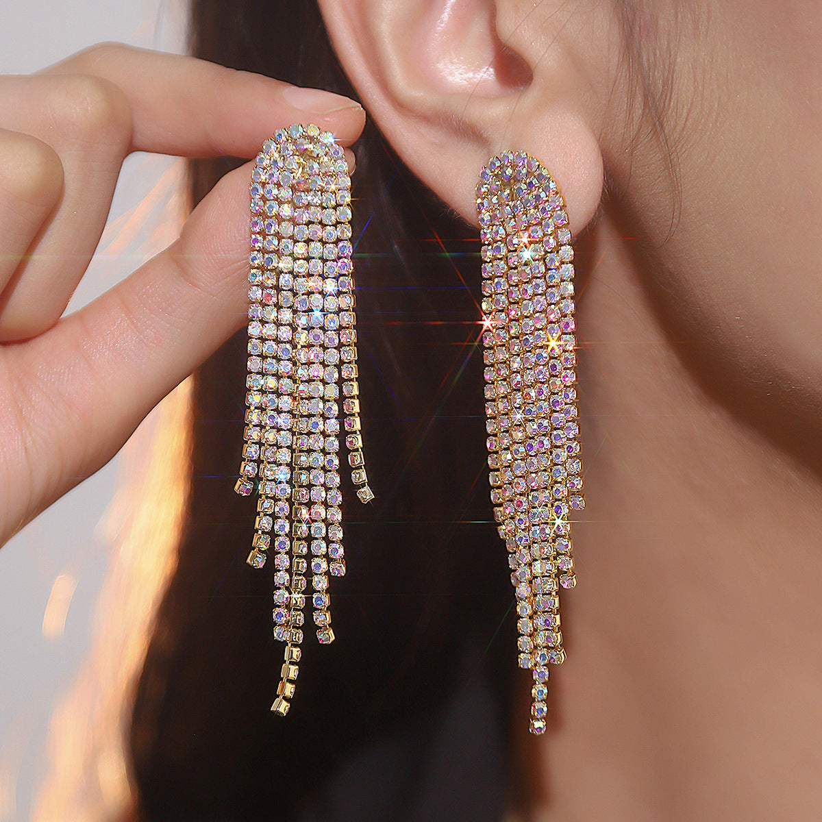Wholesale AB Rhinestone Long Tassel Earrings