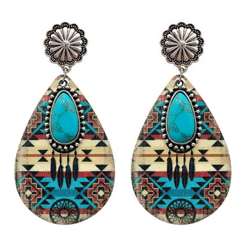 Wholesale Ethnic Turquoise Western Style Aztec Leather Drop Earrings