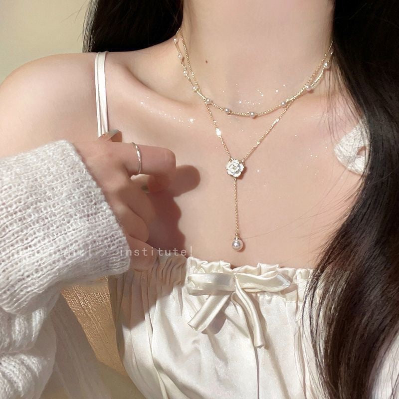 Wholesale Camellia Pearl Necklace Tassel Double Layered Clavicle Chain