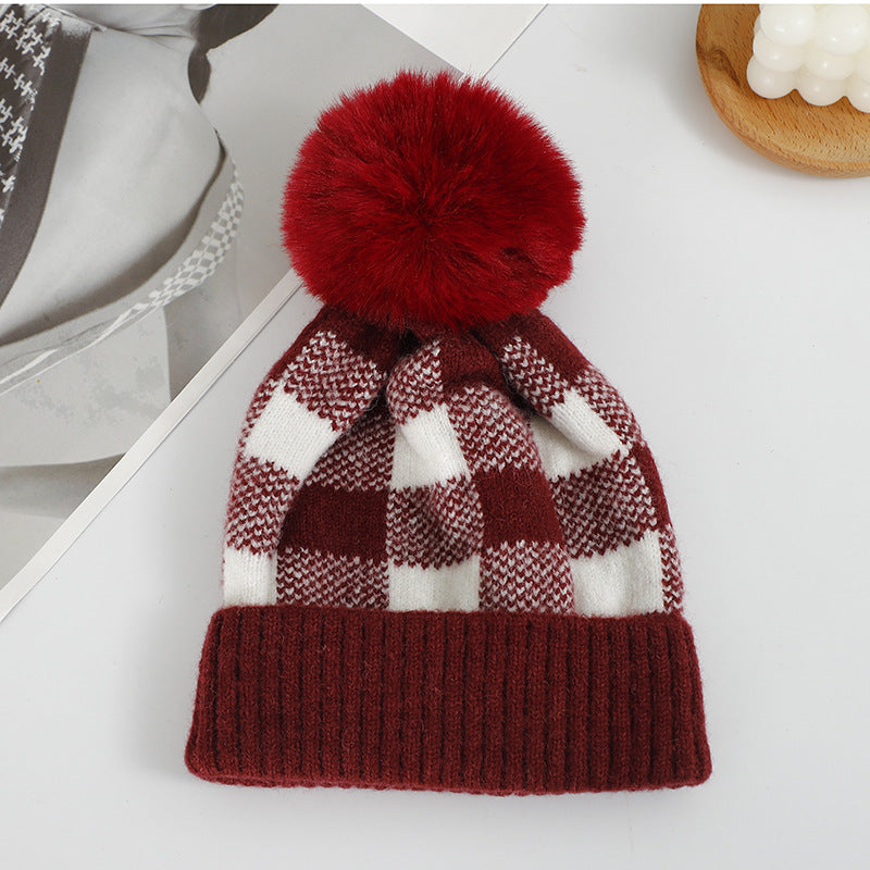 Wholesale Cold-proof Black and Red Plaid Knitted Hat with Ear Protection Wool Ball Beanie