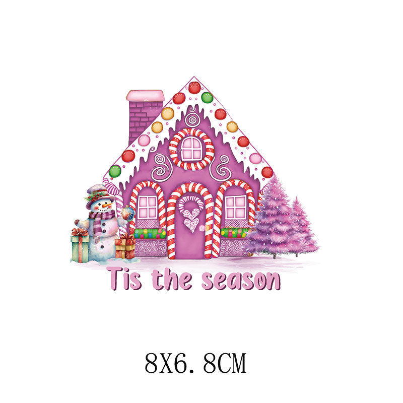 Wholesale 5pcs/pack  Pink Christmas Cartoon House Heat Transfer Pattern Clothing Sticker   UV DTF Ready to Press Transfers Wraps