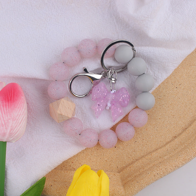 Wholesale Bow Silicone Key Bracelet Colorful Silicone Beads Wristlet Keychain Pendant
