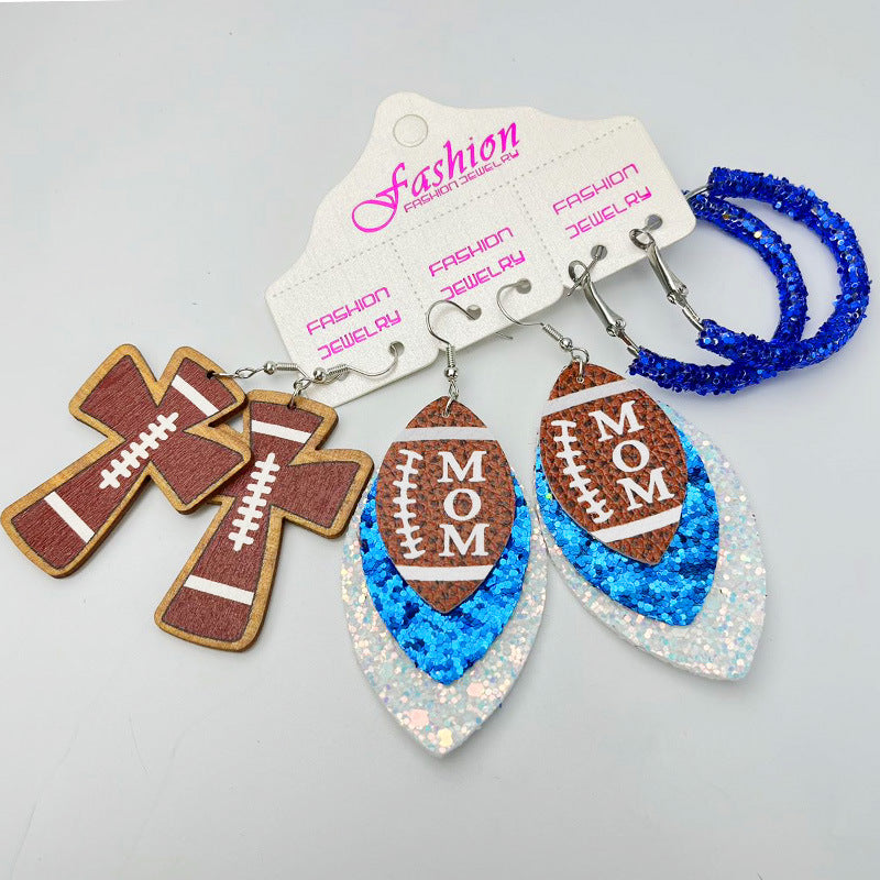 Wholesale 2 Sets Sports Rugby Field Cheer Football Cross Glitter Leather Earrings