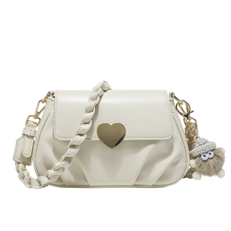 Wholesale 2023 Soft Leather Peach Heart Button Pleated Small Round Bag Shoulder Crossbody Bag