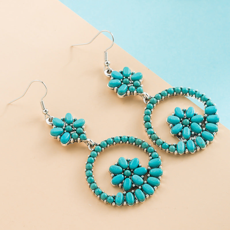 Wholesale of Western Wind Turquoise Round Alloy Earrings