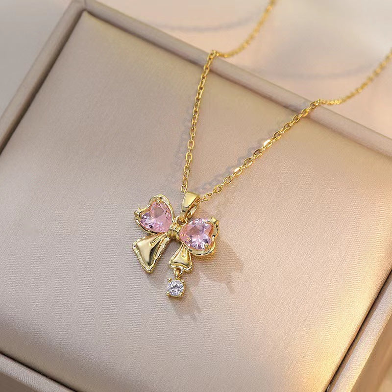 Wholesale Butterfly Full Diamond Pink Zircon Titanium Steel Necklace