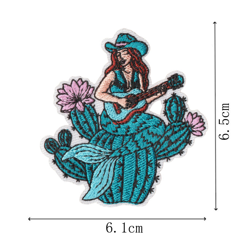 Wholesale West Coast Retro Mermaid Adhesive Embroidered Patches Guitar Cactus Nautical Design For Coat Repair Chic Craft Supply Boutique Resale