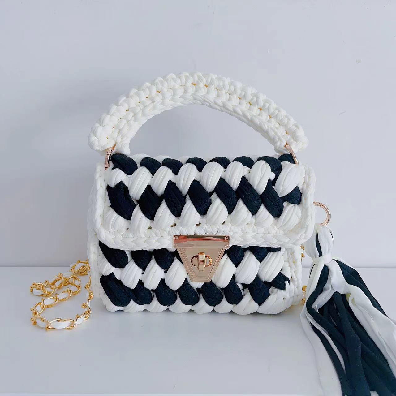 Wholesale Handmade Polyester Woven Handbags with Colored Chain Strips and Diagonal Cross Shaped Handbags
