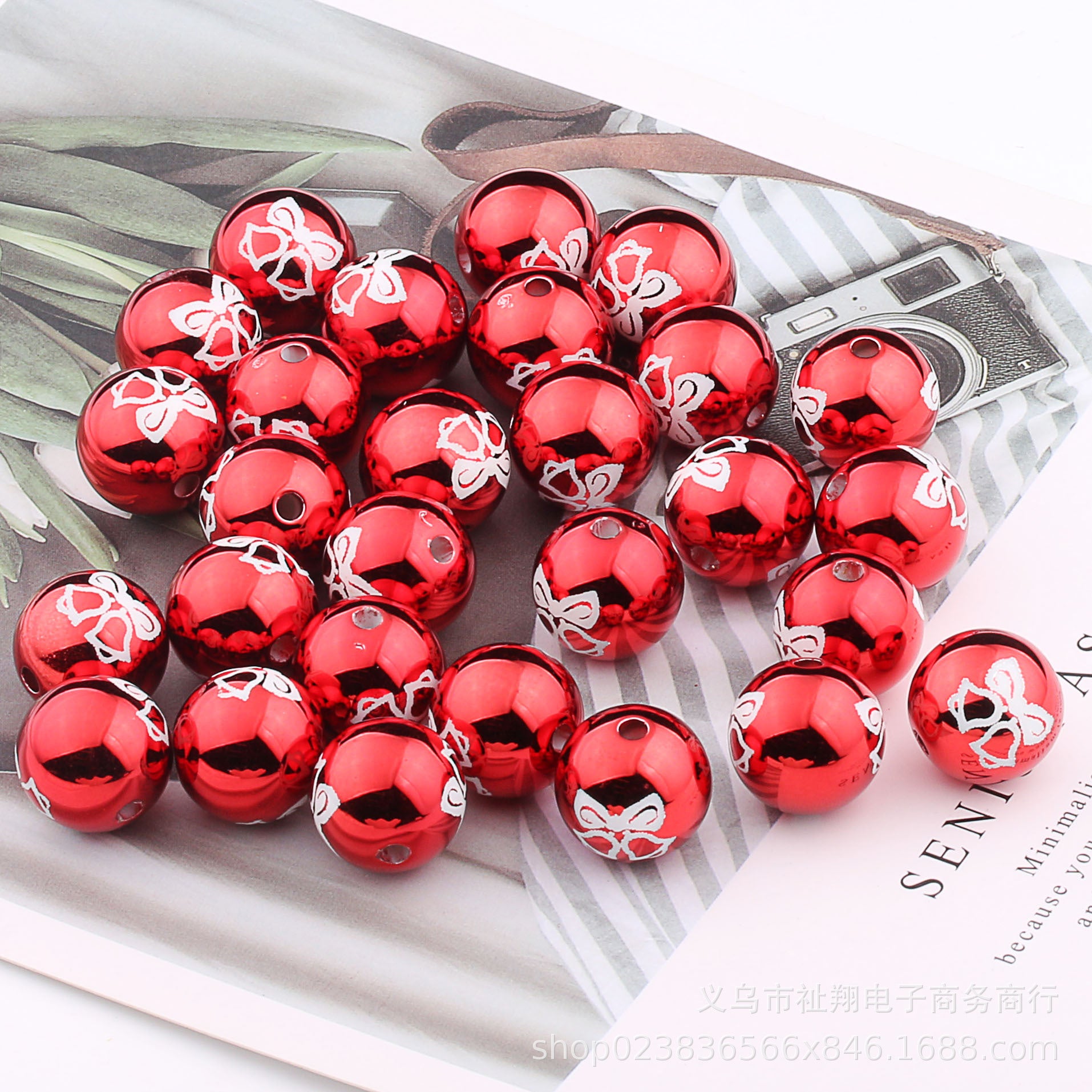 Wholesale 25pcs Christmas Series Acrylic Color Printed Round Beads Gold DIY Pumpkin Beads