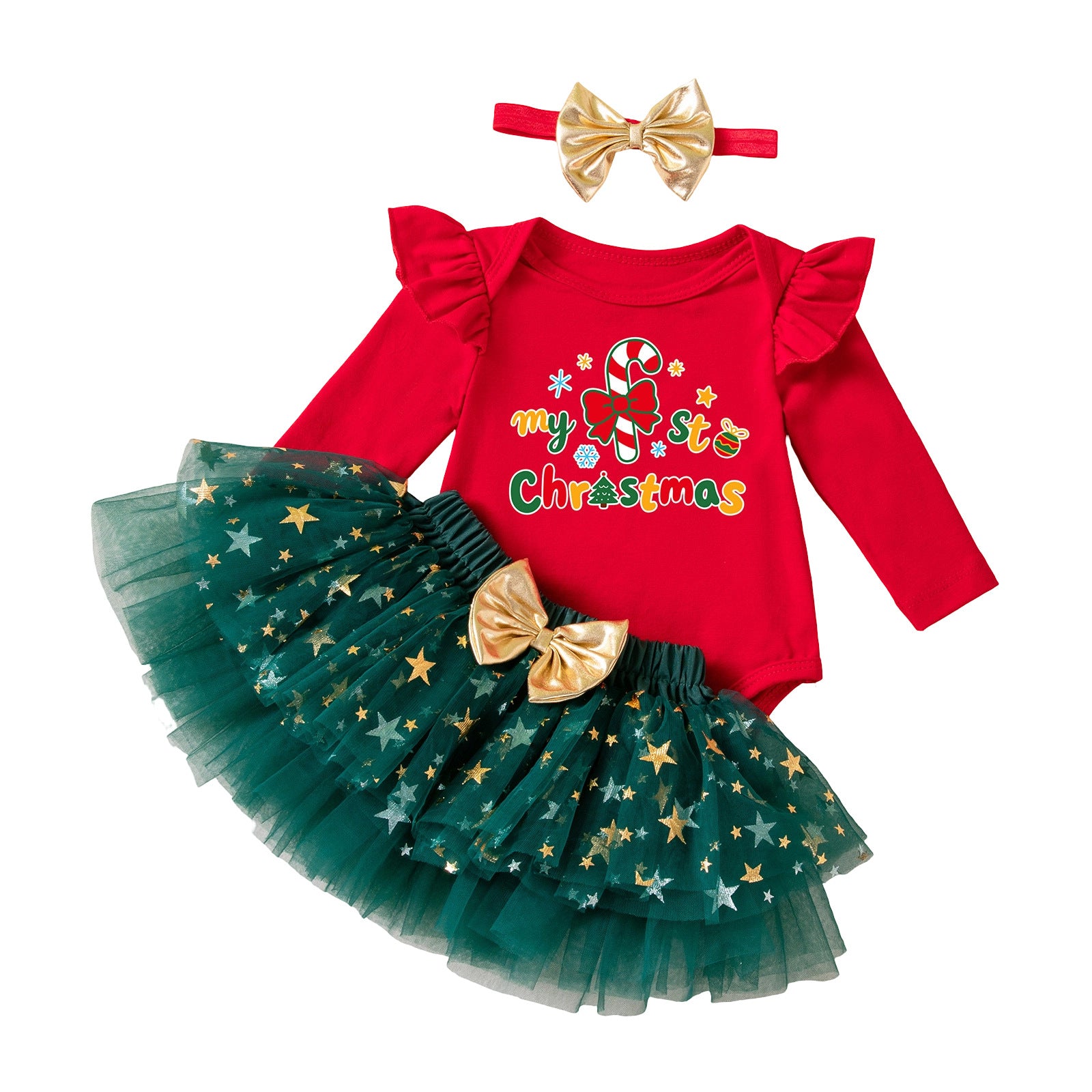 Wholesale Infant Baby Girl Christmas Dress Set Red Star Tulle Skirt 3 Piece Holiday Party Outfit