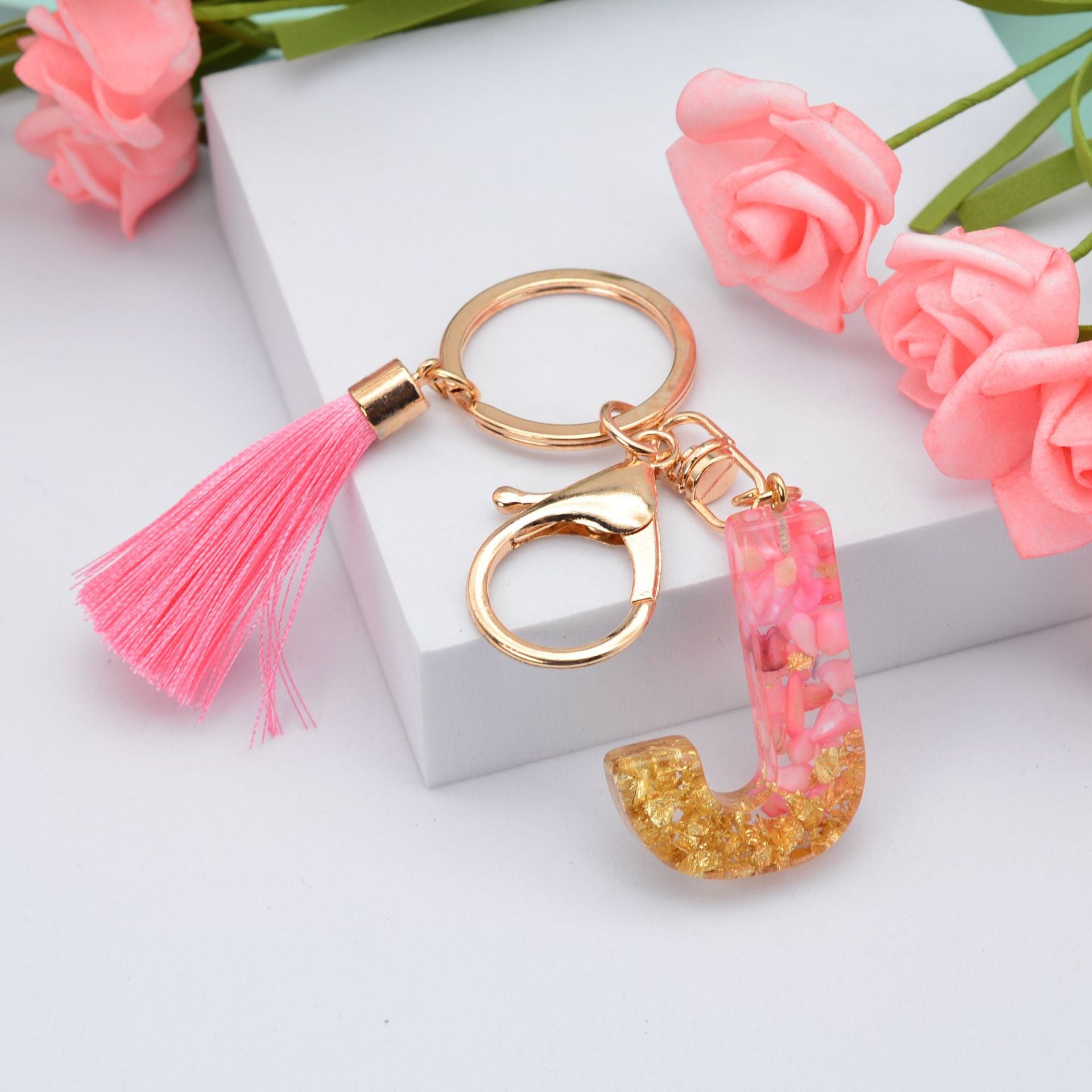 Wholesale Pink Tassel 26 Letter Crystal Resin Keychain