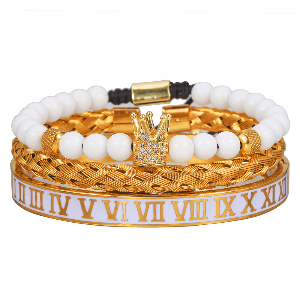 Wholesale Zircon Skull Crown Stainless Steel White Oil Drop Roman Numeral Bracelet Set