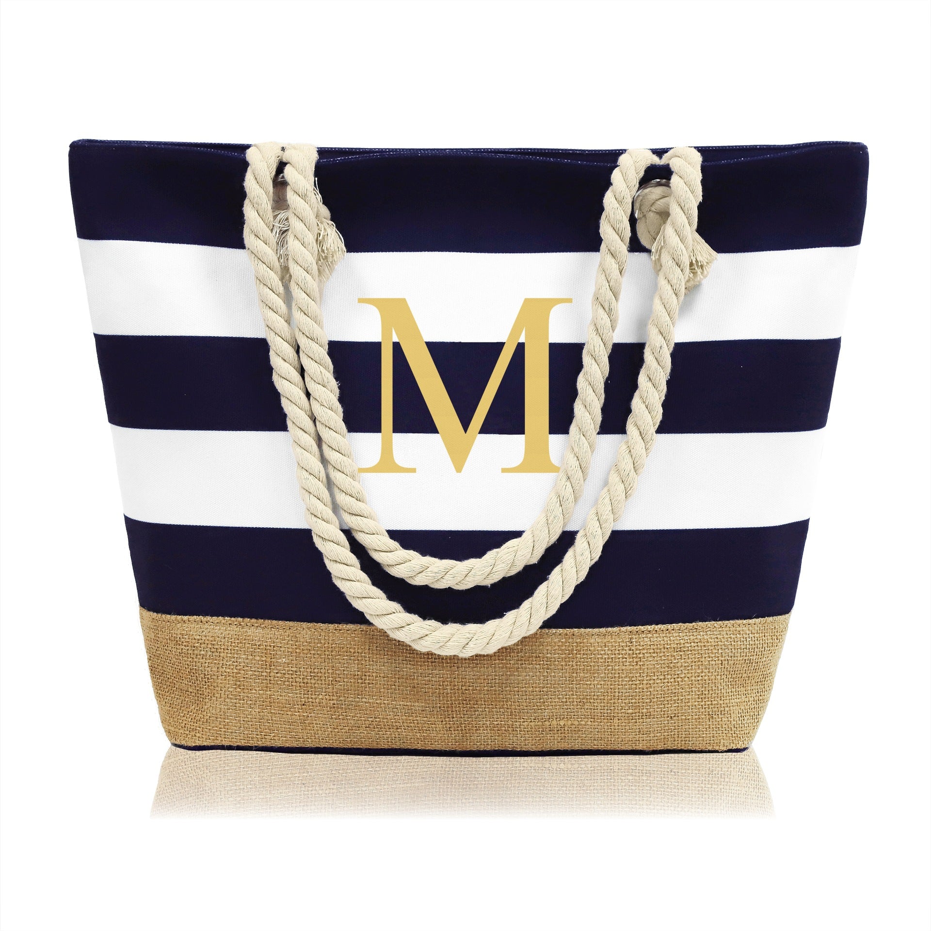 Wholesale Letter Canvas Striped Beach Handbag Zipper Multi-pocket Tote Bag