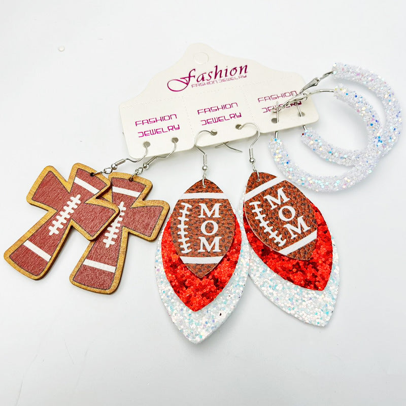 Wholesale 2 Sets Sports Rugby Field Cheer Football Cross Glitter Leather Earrings