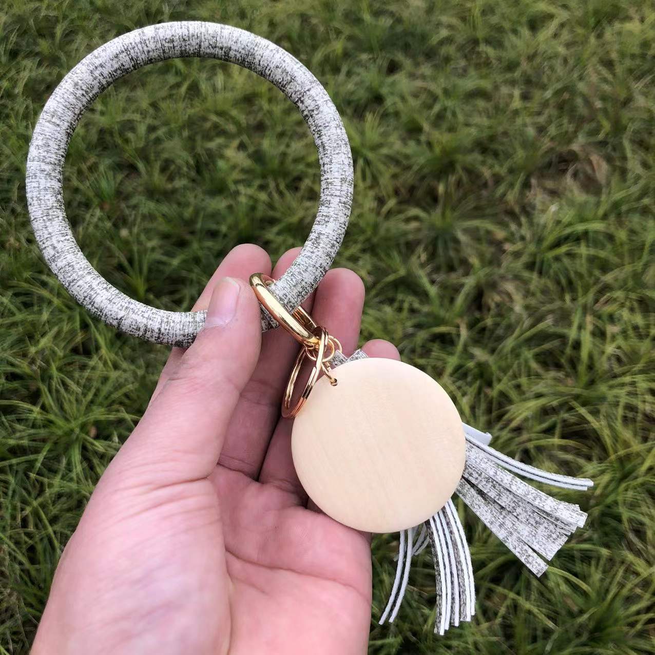 Wholesale Punk denim leather wristband tassel wooden pendant Wristlet Keychain