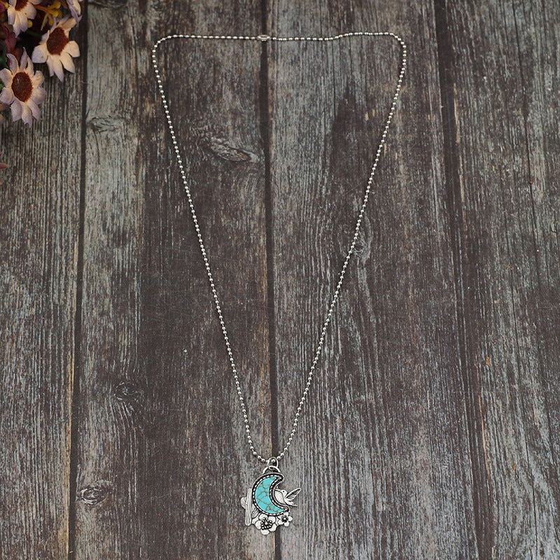 Wholesale Vintage cactus flower bird crescent turquoise alloy necklace
