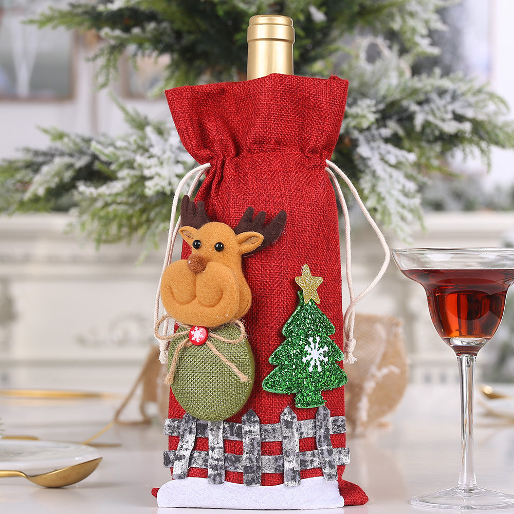 Wholesale Christmas Linen Snow Cartoon Drawstring Wine Bottle Sets