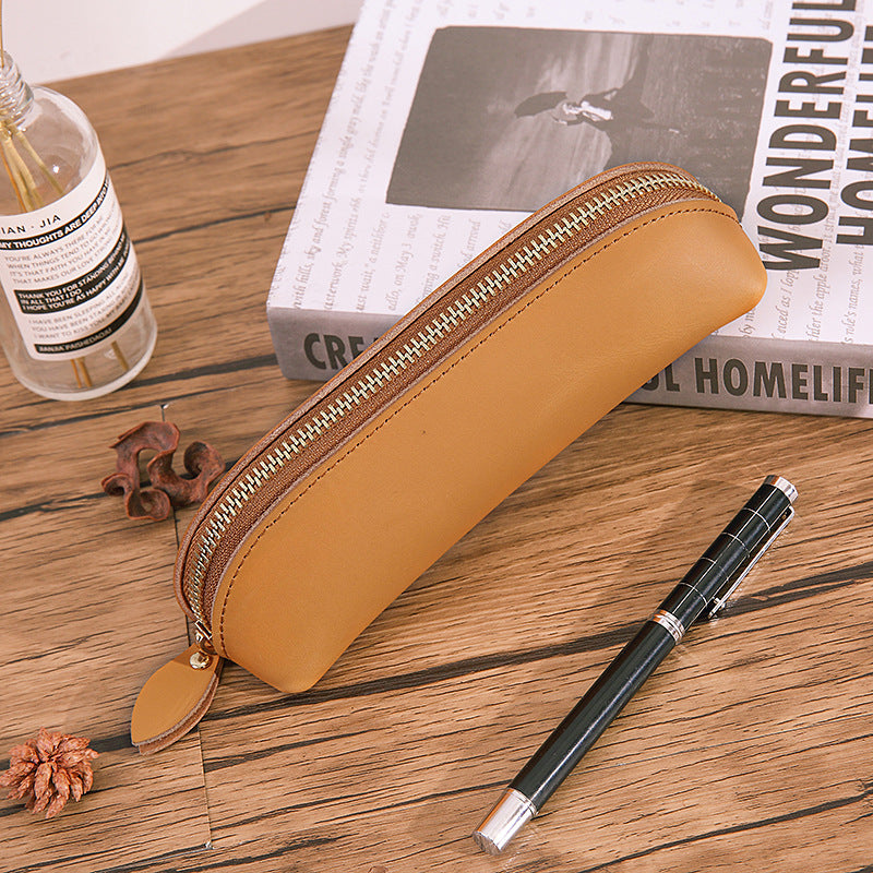 Wholesale Cowhide solid color zipper stationery bag large capacity pencil case