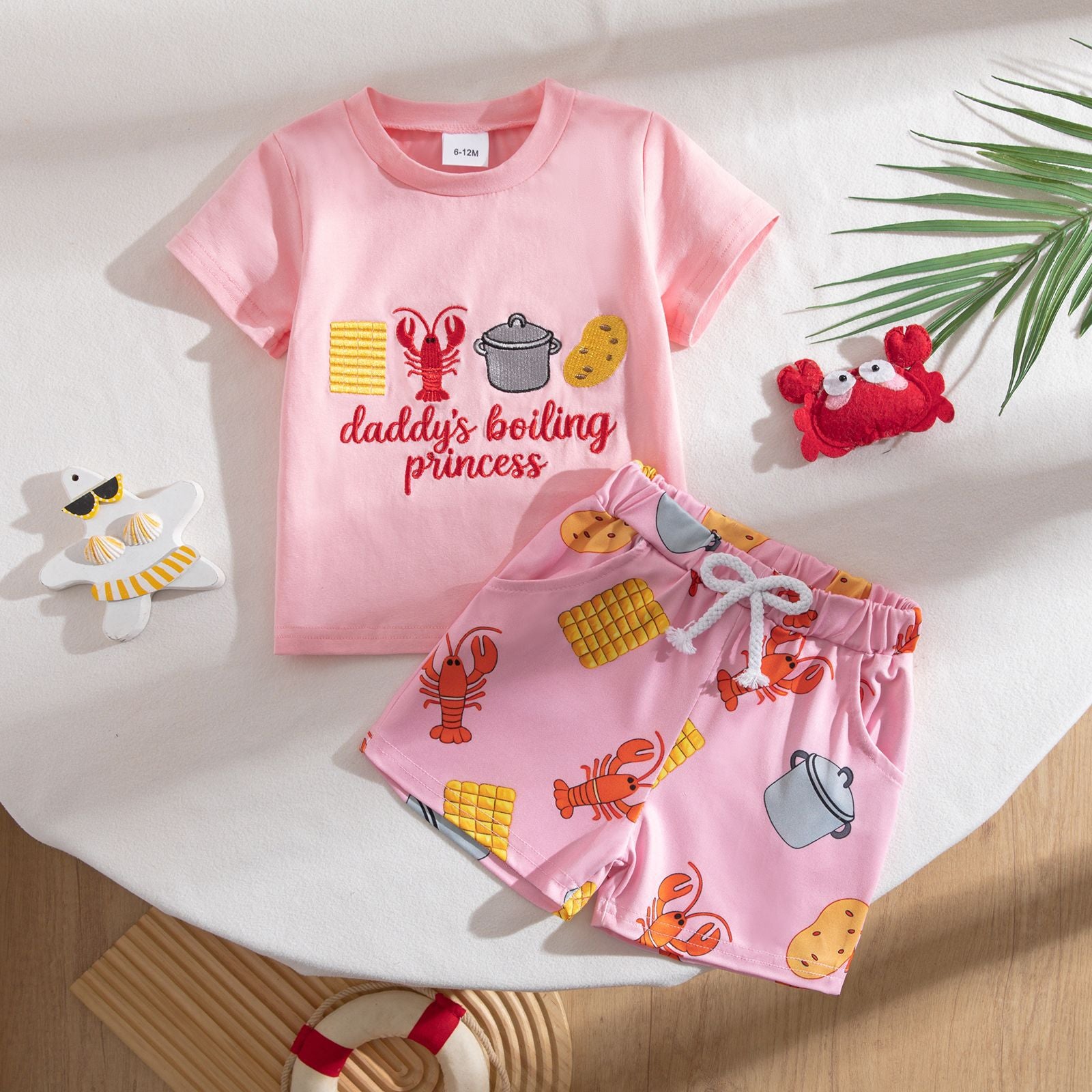 Wholesale Chic Unisex Kids Summer Two Piece Set Korean Style Short Sleeve With Lobster Embroidery Casual Outfit For Toddlers Boutique Resale