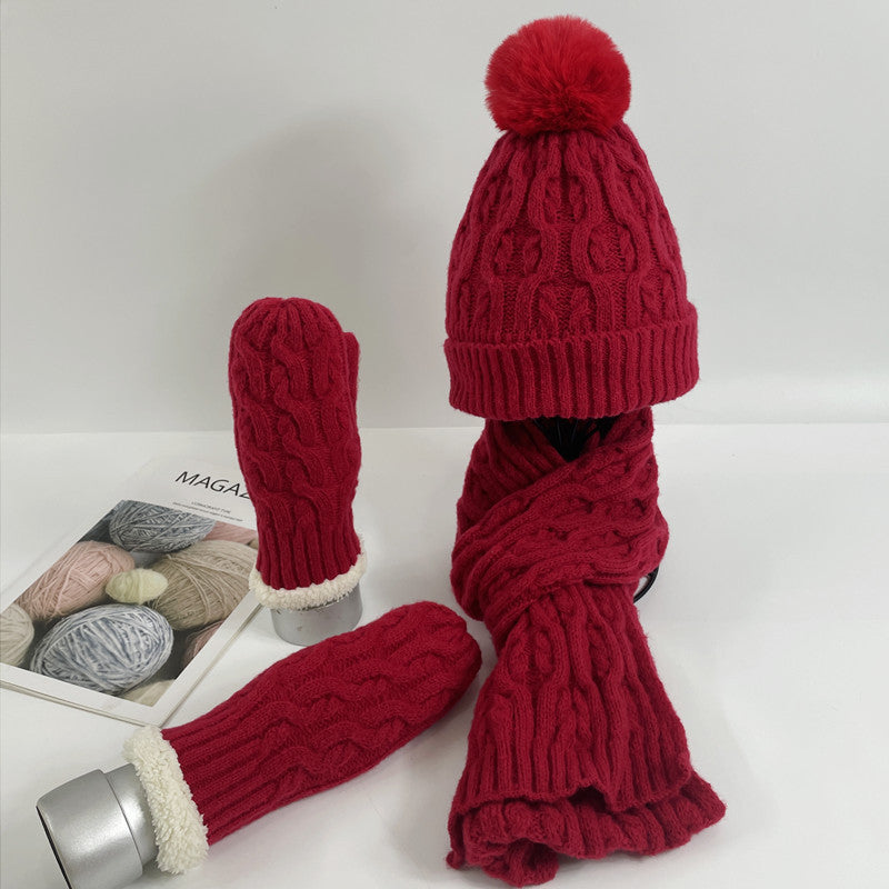 Wholesale Winter Velvet Warm Knitted Beanie Thickened Scarf Gloves Three-piece Set