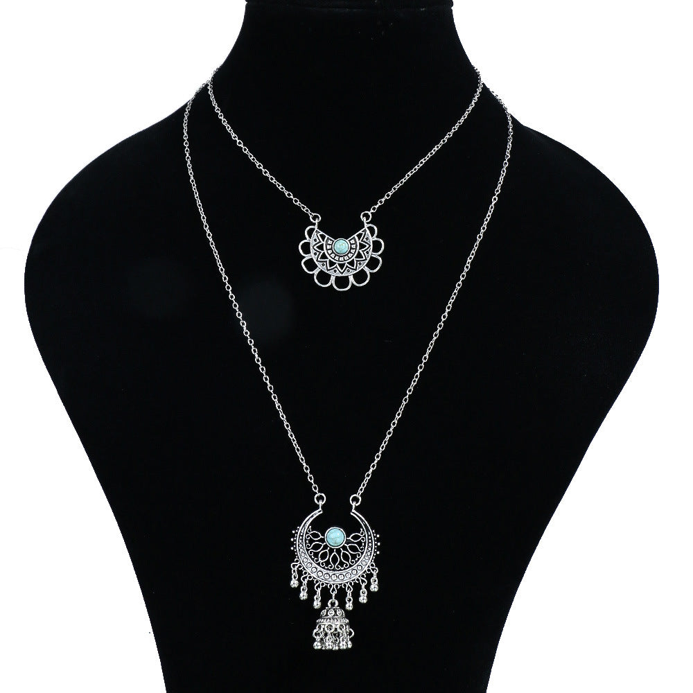 Wholesale Ethnic Style Multi-layered Geometric Flower Pendant Turquoise Long Alloy Necklace