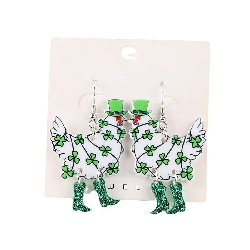 Wholesale Double sided St.  Patrick' s Chicken Acrylic Earrings