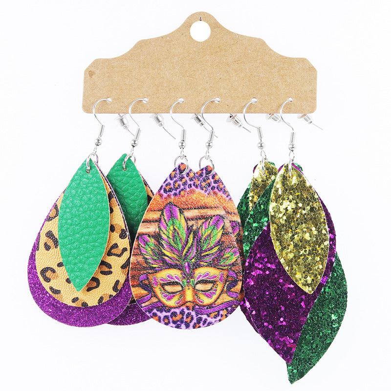 Wholesale explosions Carnival earrings multi-layer sequins water droplets leopard leather earrings set earrings spot