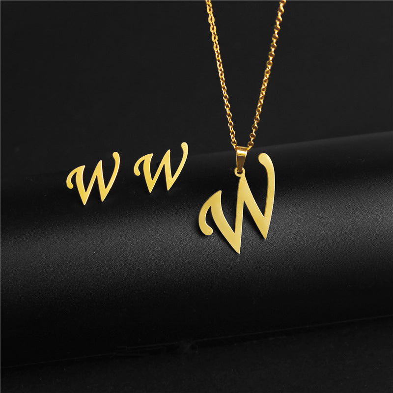 Wholesale Stainless Steel 26 Letter Necklace Earrings Two Piece Set