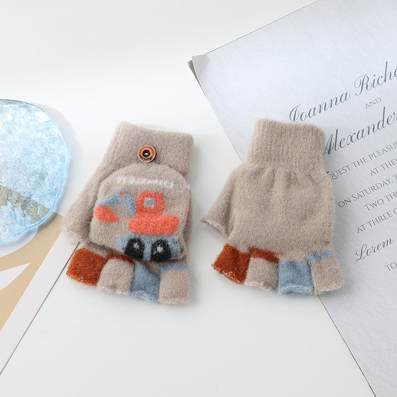 Wholesale Warm Flip Half Finger Knitted Cartoon Children's Imitation Cashmere Gloves