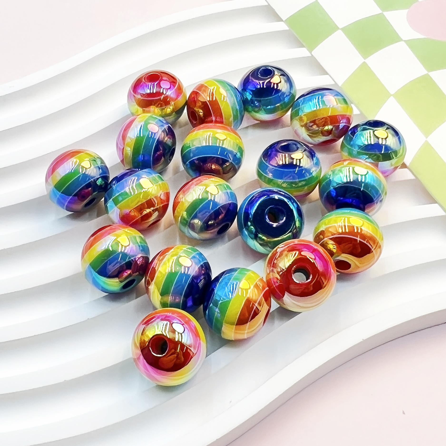 Wholesale 10pcs/pack 16mm UV Color Plated Lollipop Stripe Rainbow Straight Hole Round Beads