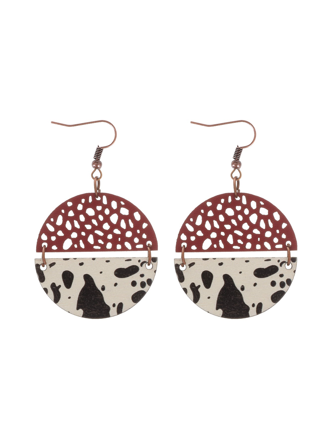 Wholesale Western Style Cow Print Leopard Print Wood Chip Leather Combination Round Earrings