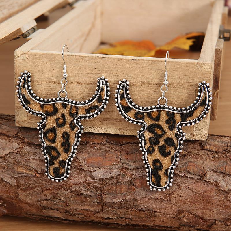 Wholesale Vintage Western Style Plush Bull Head Leopard Sticker Leather Metal Alloy Earrings
