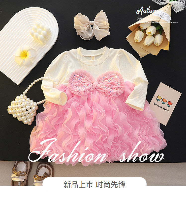 Wholesale Girls Autumn Fluffy Pink Mesh Round Neck Long Sleeved Princess Style Sweet Baby Clothes