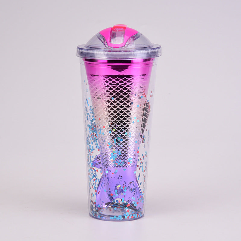 Wholesale Double-layer Plastic Cup Creative Gradient Mermaid Tail Colorful Sequin Straw Water Cup
