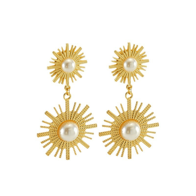 Wholesale Vintage Round Sunflower Pearl Titanium Steel Gold Plated Earrings