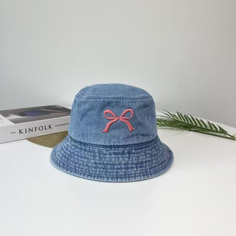 Wholesale Embroidered Bow Distressed Washed Denim Bucket Hat