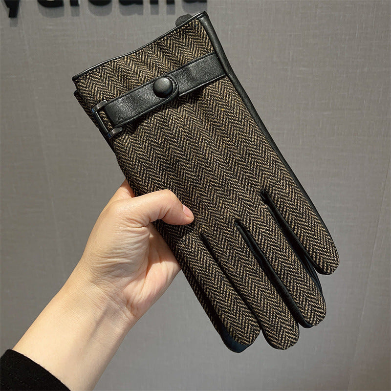Wholesale Men's Winter Leather Patchwork Plaid Warm Gloves
