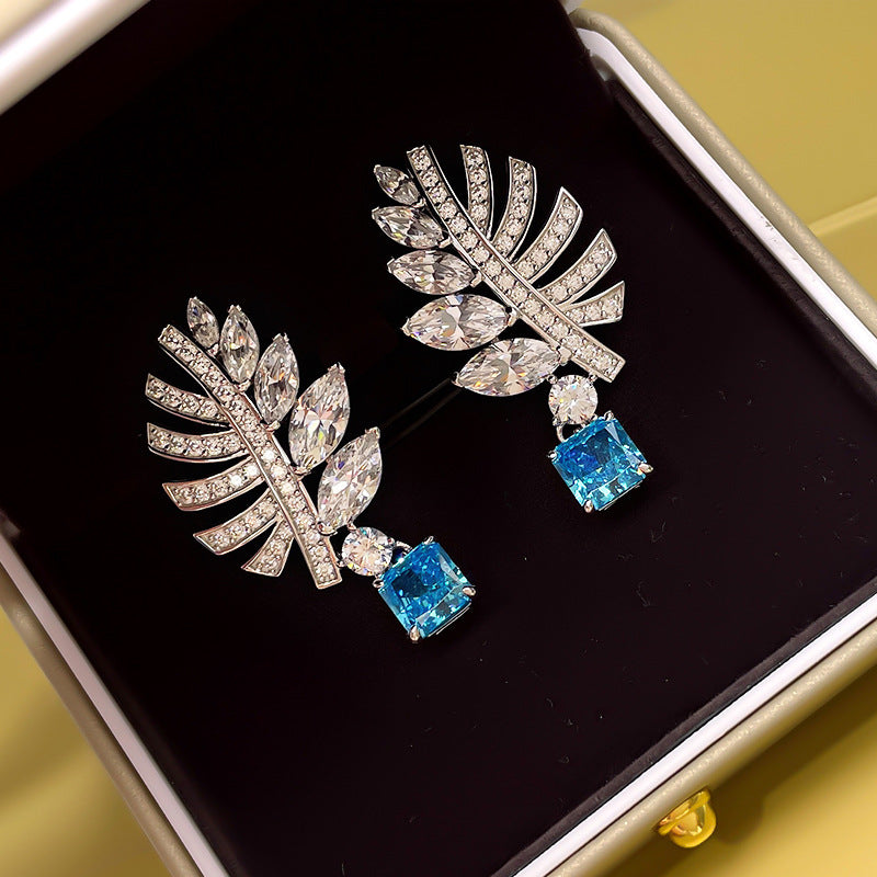 Wholesale Feather Leaf Zircon Blue Gemstone Earrings