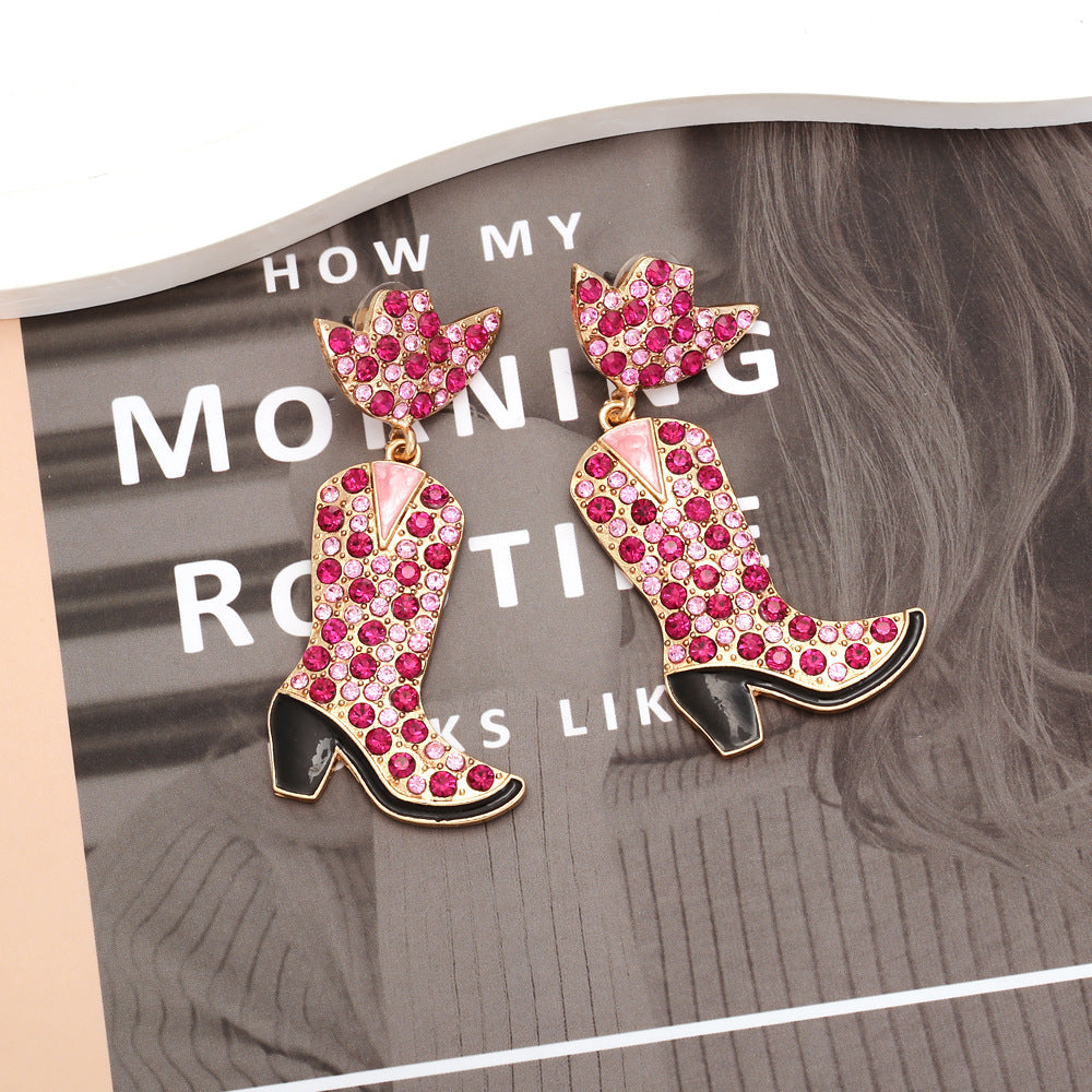Wholesale Color Diamond Western Cowboy Hat Boots Alloy Earrings
